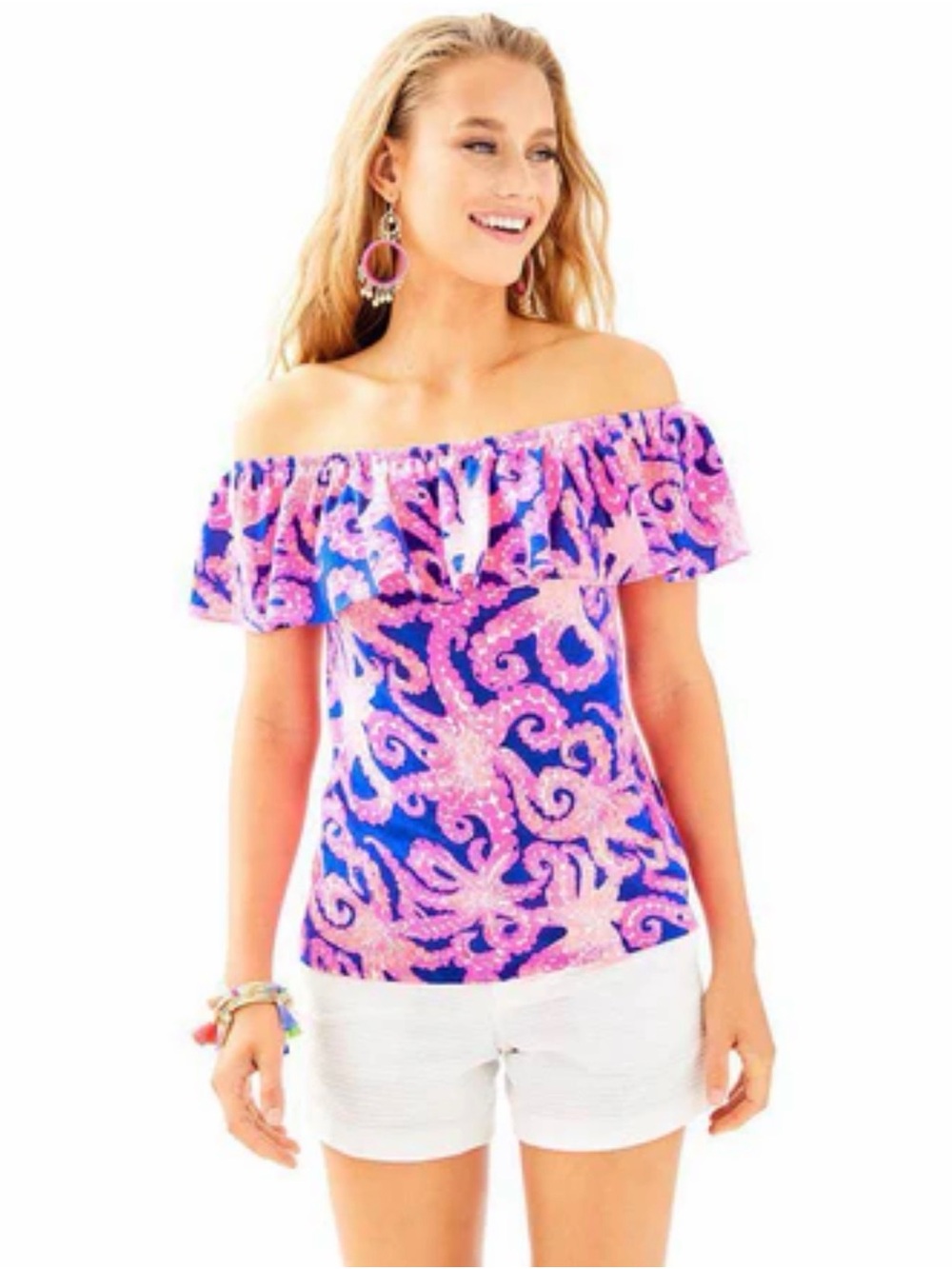 Lilly Pulitzer Pink & Blue Off-Shoulder Ruffle Top